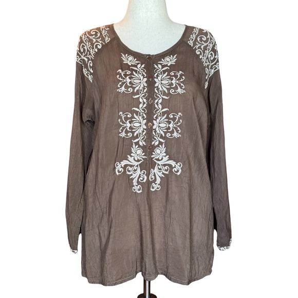 Johnny Was Tops - Johnny Was Tunic Size L Brown Embroidered Long Sleeve Boho Feminine Elegant Cali
